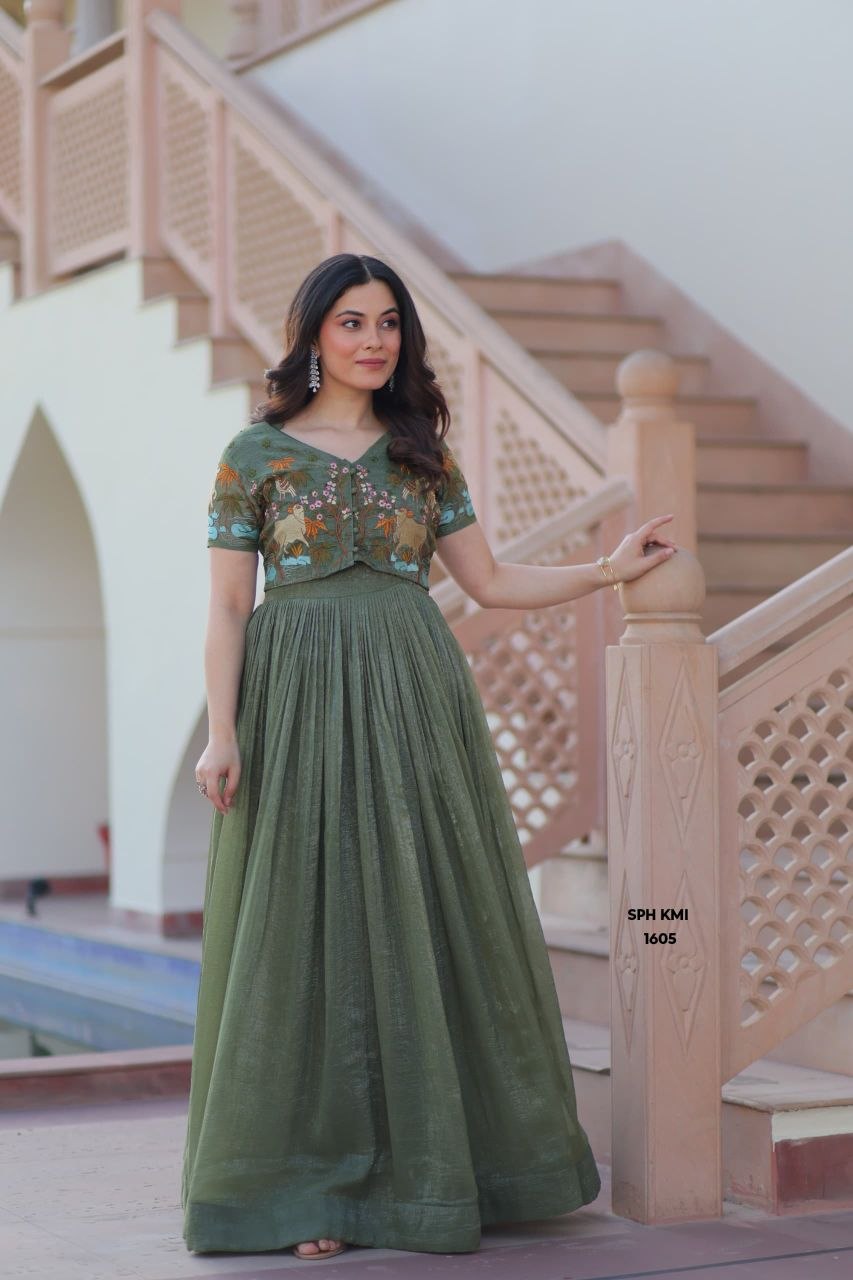 Olive Green Designer Koti Cotton Gown